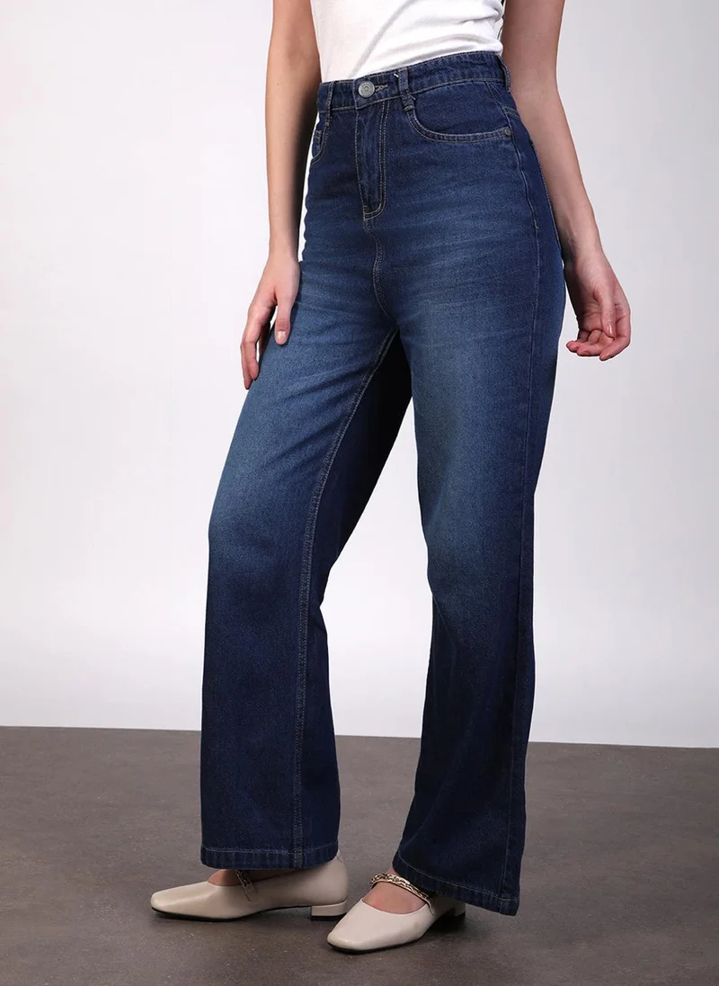 Urbano Fashion  Urbano Fashion Women's Blue Regular Fit Wide Leg Washed Jeans for Women | Best Price UAE